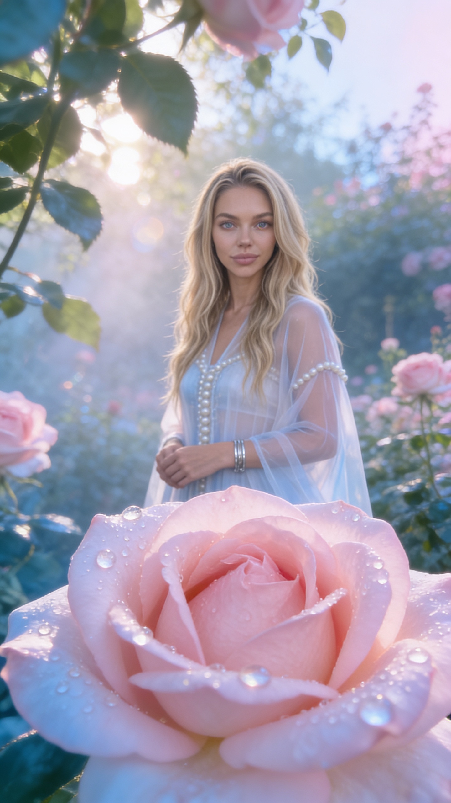 Gotas de Rocío en Pétalos de Rosa en Jardín Pastel: Luz Matutina Suave y Túnica de Organza