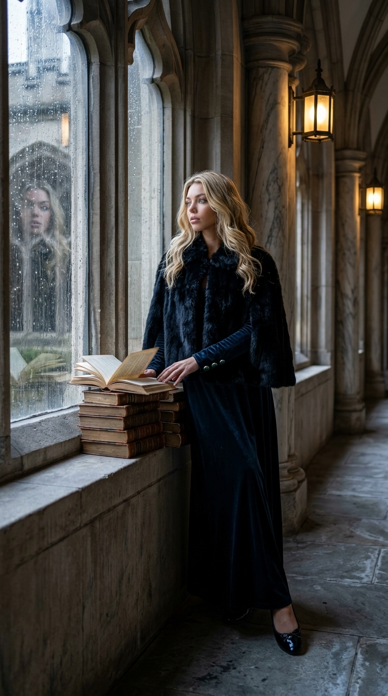 Gothic university corridor, marble columns with lanterns, stack of books at hand, head turned to the window with rain, drops flowing down the glass, thoughtful reflection, wind rustles the pages, cold stone under feet. Medium shot, ultra photo realism. +++ in a maxi dress of velvet the depth of the night, fur cape, emerald cuff buttons, ballet flats from patent leather.