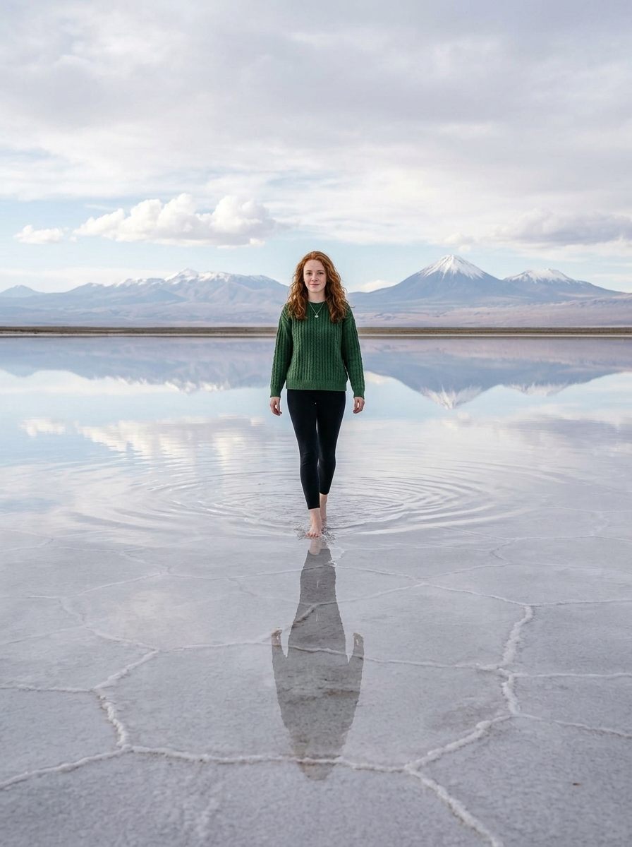 Graceful walking along mirror-like Atacama salt flats after rain, light steps creating subtle ripples in perfect reflections of cotton clouds and distant volcanoes, soft diffused light, pristine polygonal crust patterns foreground, cinematic symmetry, high-quality ultra realism photo of Atacama.