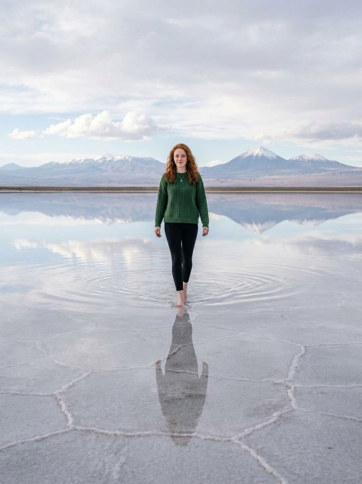 Graceful walking along mirror-like Atacama salt flats after rain, light steps creating subtle rip...