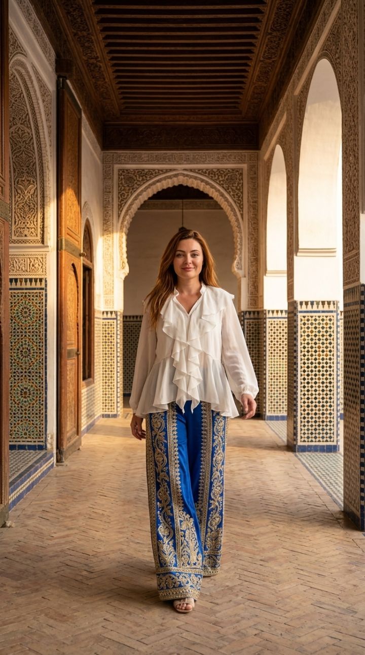 Grianghraf Ultra-Réalaíoch Ardcháilíochta: Figiúr i mBallas Pálás Bahia Marrakech, Solas Tráthnóna Órga