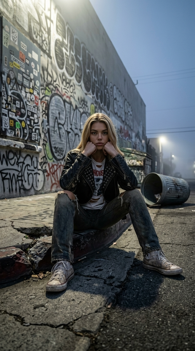 Grunge-figur på ødelagt fortauskant i forladt kvarter – Ultra fotorealisme