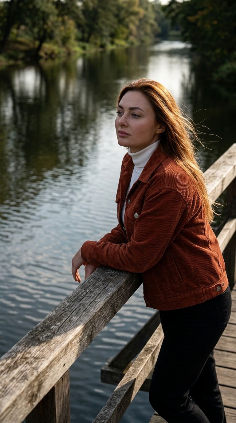 Half-body candid from side angle, person leaning against a rustic wooden bridge railing overlooking a serene river, gazing thoughtfully into distance, soft breeze evident in posture, afternoon light creating rim glow on shoulders, reflections in water below, highly textured bark and rippling surface, moody cinematic atmosphere., in a rust corduroy jacket over a simple white turtleneck and black trousers