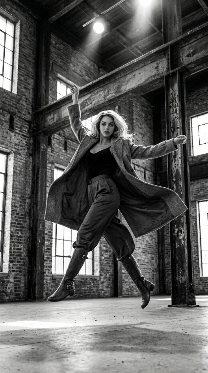 Havada Sıçrayan Dinamik Poz: Endüstriyel Loft'ta Monokrom Moda Fotoğrafı, Güçlü Siluetler ve Kesk...