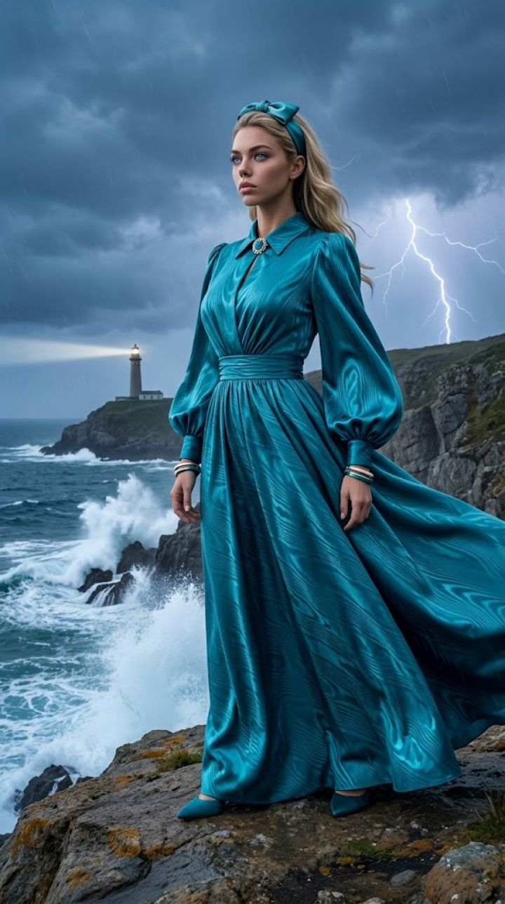Heroïna en Posat Heroic amb Vestit de Seda Teal Moaré a l'Acantilado Tempestuós | Ultra Realisme ...