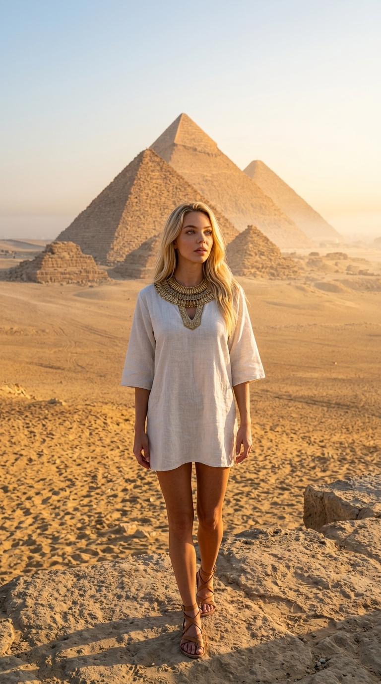High-quality ultra-realistic photo of a traveler standing in front of the Great Pyramids of Giza at dawn, warm sunlight illuminates the golden sands of the desert, haze in the distance, dramatic contrast of shadows on the pyramids, cinematic angle slightly from below, detailed textures of stone and clothing, spontaneous moment of wonder., in a light white linen tunic with a gold collar necklace and sandals