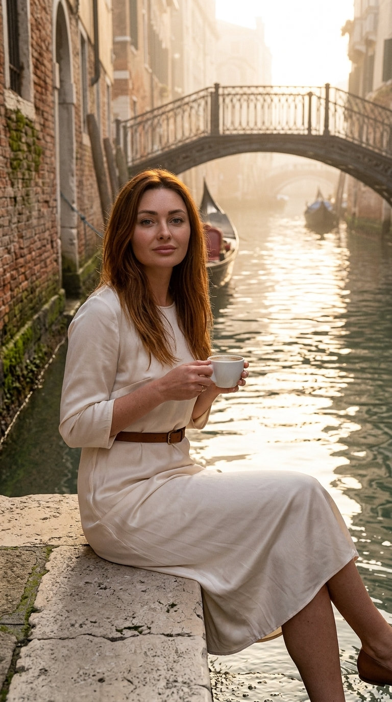 High-quality ultra-realistic photo: sitting on the edge of the canal in San Polo, quiet alley, morning fog, sun glints on the water, person holding a cup of coffee, around ancient walls with moss, spontaneous relaxation, detailed water ripples, soft glow., in an elegant ivory silk midi dress with a thin leather belt
