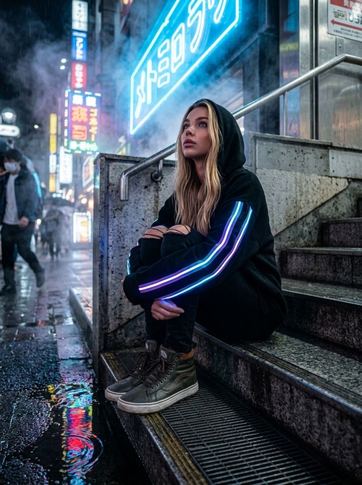 Hopkrupen på metrosteg med blå neon – Rökig natt