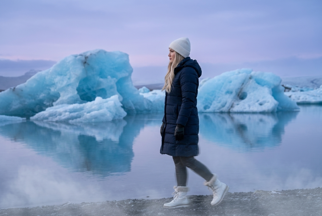 Imazh realistik i detajuar i një figure në bregun e mjegullt të Lagunës Jökulsárlón në perëndim, me akullore gjigante