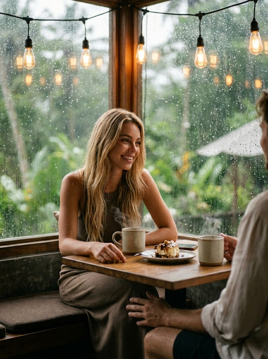 In a small cafe in the backyard. Sitting at a table under a string of lights, rain outside the window, coffee and dessert, feet touching under the table, steam from the cups, cozy corner with a soft focus on emotions.