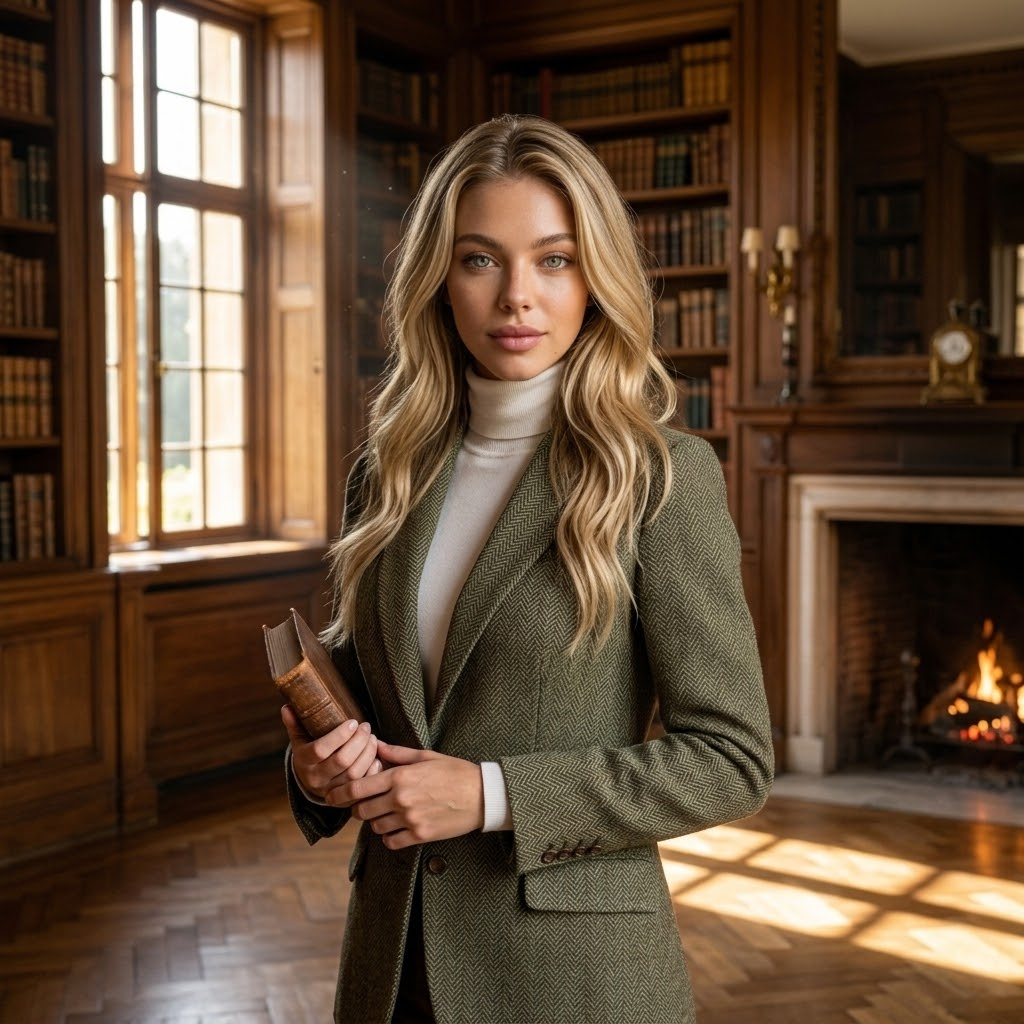 In the luxurious library of an ancient estate, a figure in a tweed jacket stands by a tall window, holding a worn leather book, soft golden light falls on rows of volumes, the fireplace smolders, shadows play on the parquet, cinematic composition with depth of field.