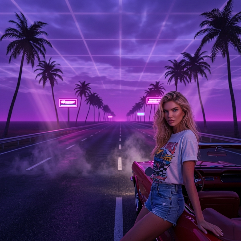 Infinite blacktop highway stretching into purple twilight horizon lined with swaying palm trees silhouetted against grid-like cloud formations, faint magenta neon glow from distant roadside signs, steam rising from asphalt, hyper-realistic depth of field, cinematic aerial perspective, volumetric god rays, 16K.