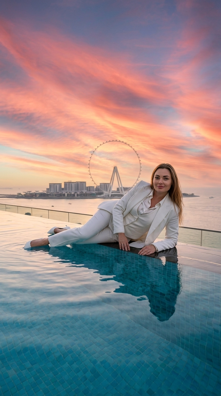 Infinity Pool Address Beach Resort: Elegante Frau in weißem Anzug schwebt über dem Ozean