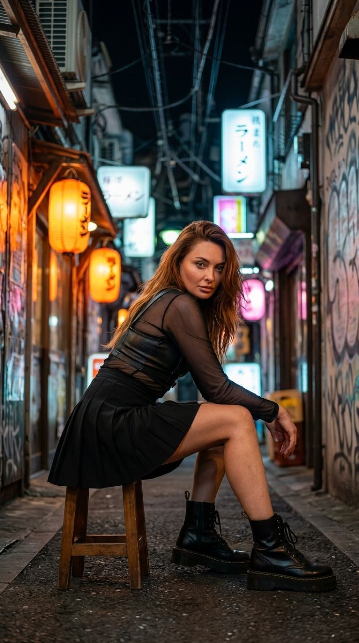 Intimní portrét v úzkých uličkách Golden Gai: Žena v průsvitné černé síťované blůzce, koženém har...