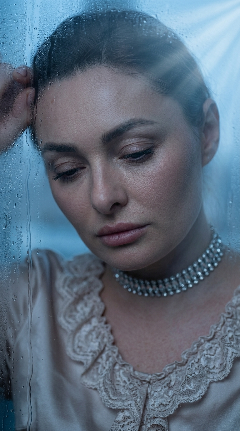 Introspektives Nahaufnahme-Porträt: Gesenkter Kopf am beschlagenen Fenster in der Blauen Stunde