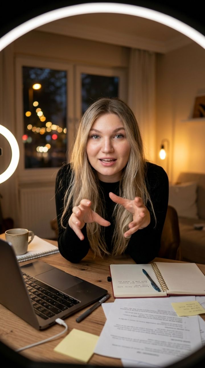 Intymus rašomojo stalo vlog setupas: ultra fotorealistinis vaizdas su žiedine šviesa