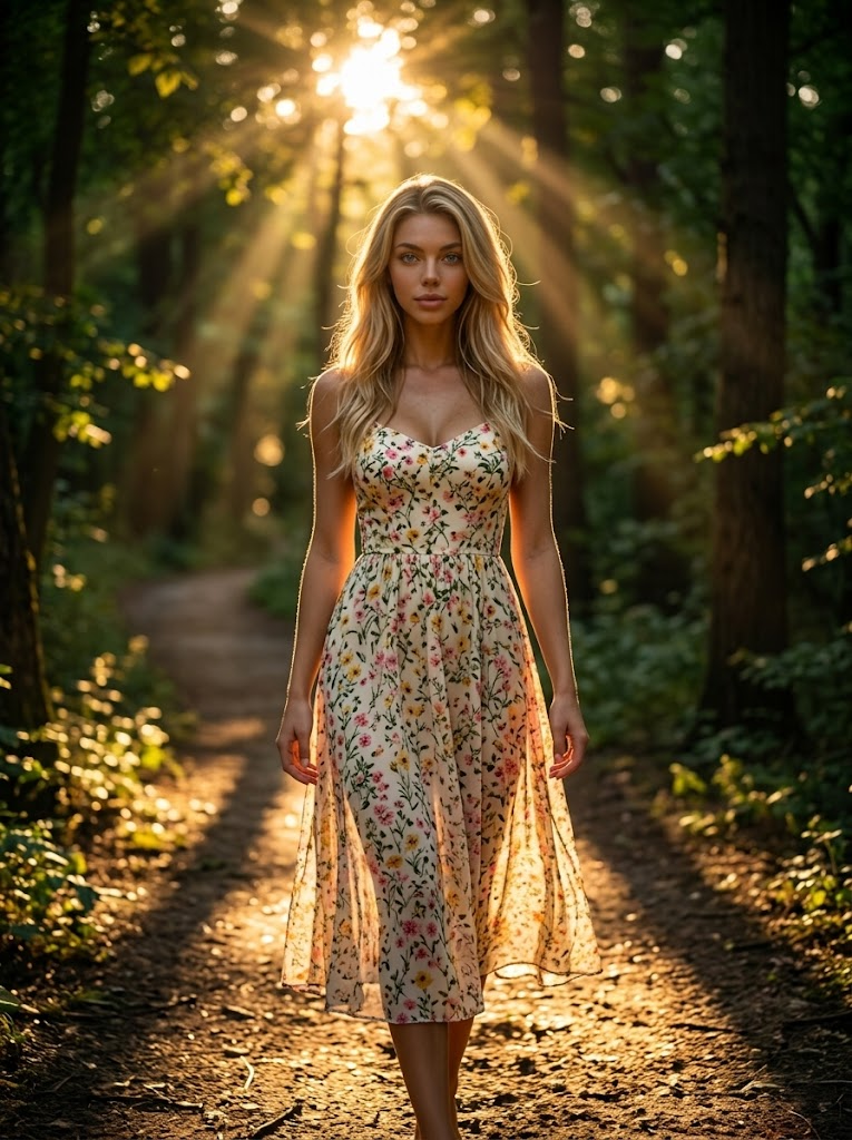 Jalan Setapak Hutan Senja Emas: Wanita Berpakaian Gaun Midi Floral Chiffon Fotorealistik