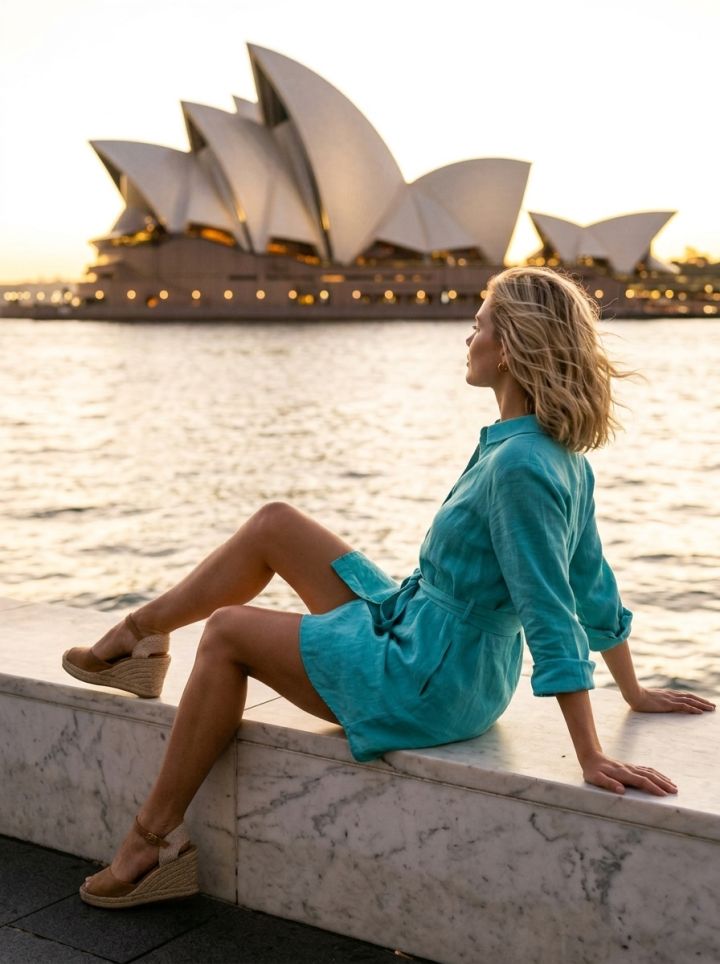 Jam Emas Sydney Opera House: Pose Mewah Santai di Tepi Dermaga Marmer dengan Gaun Linen Turquoise