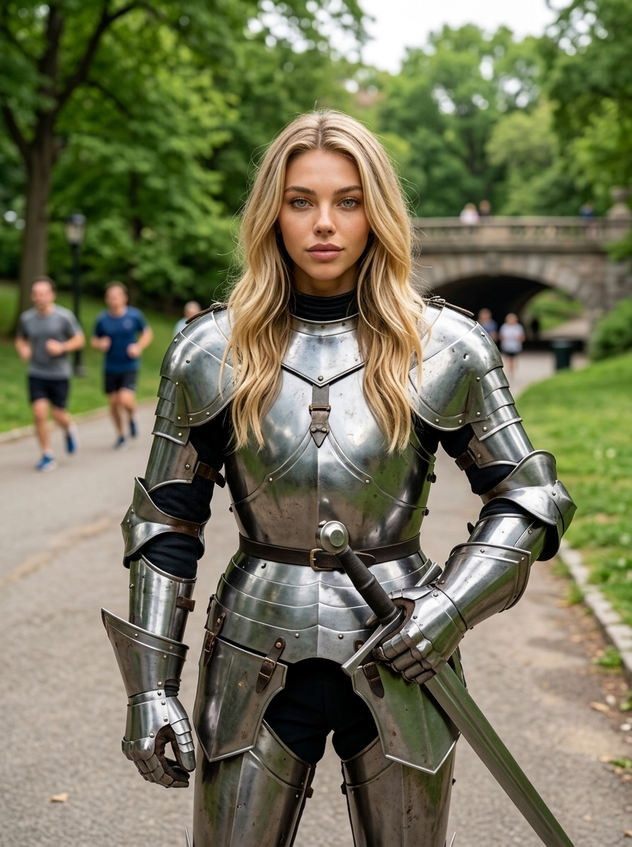 Jogger în Parc: Adidași vs Armură Cavaler Medieval