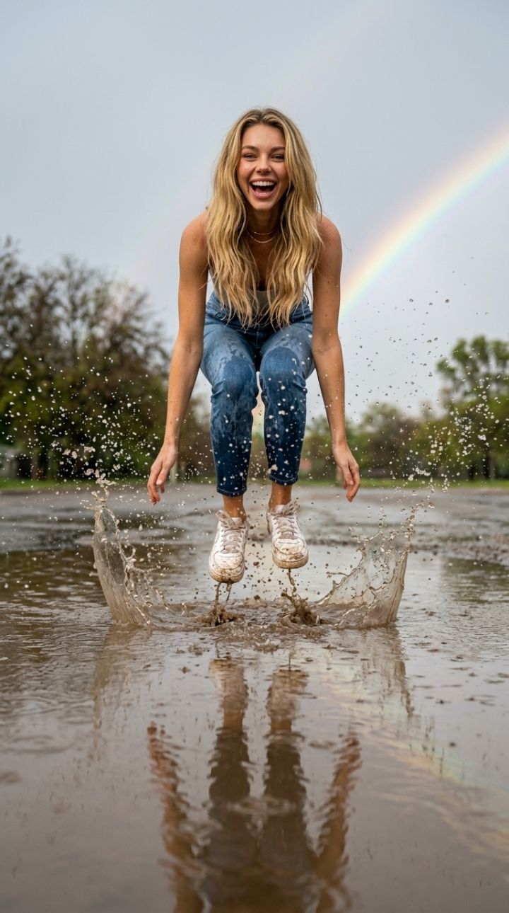 Jump into a puddle after the rain, water splashes in the air, wet sneakers and jeans, joyful expression, gray sky wit...