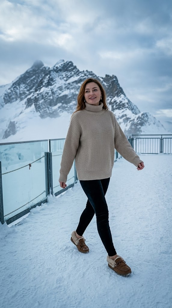 Jungfraujoch Kilátóterasz Séta Havas Csúcsok Alatt – Ultra-Realisztikus Cinematic Fotó Elegáns Öltözetben