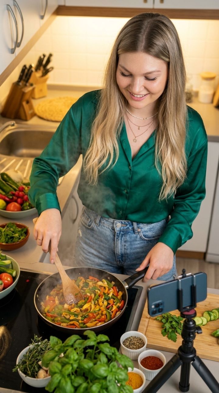 Kitchen counter cooking vlog action, mid-stir with utensil in one hand, phone propped nearby capt...