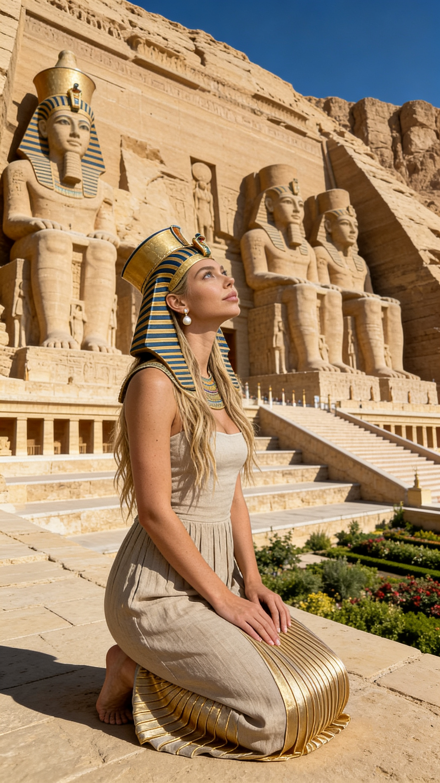 Knäböjande Hatshepsut framför tempelterrasserna vid middagstid – Ultrarealistisk fotorealism