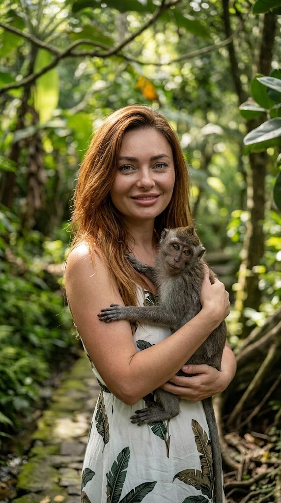 Kobieta w tropikalnej sukience z liśćmi bananów w Lesie Małp Ubud