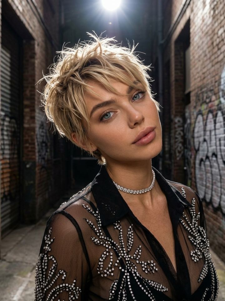 Kort tekstureret pixiefrisure med rufsete pigge – urban grit og højkontrast drama