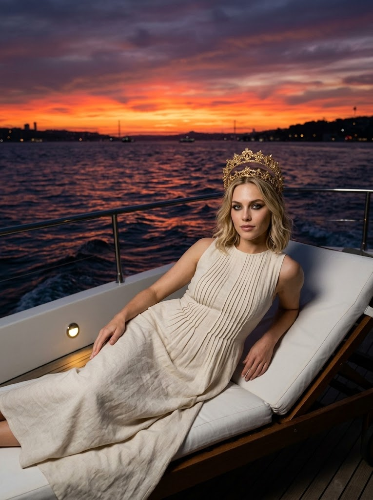 Kvinde i elegant ankellang linnekjole på Bosphorus solnedgangskrydstogt yacht – Ultrarealistisk foto