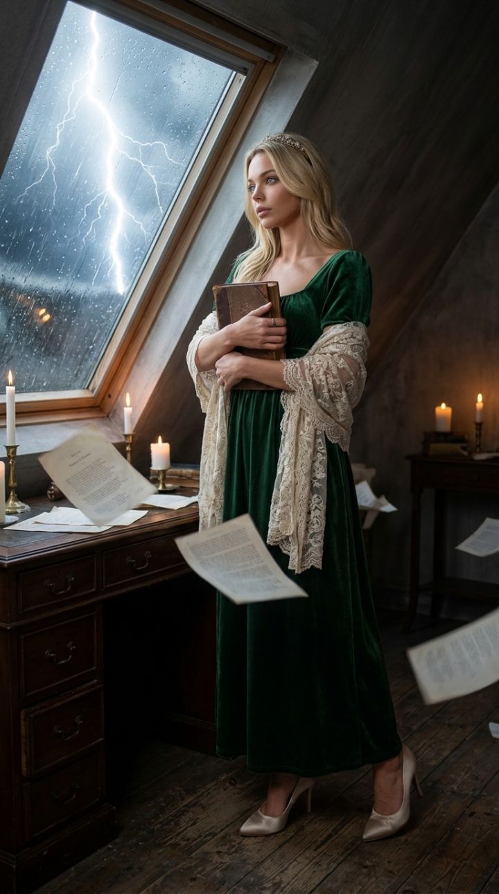 Kvinde i skovgrøn empirekjole ved loftsvindue under storm – Ultrafotorealistisk kunst