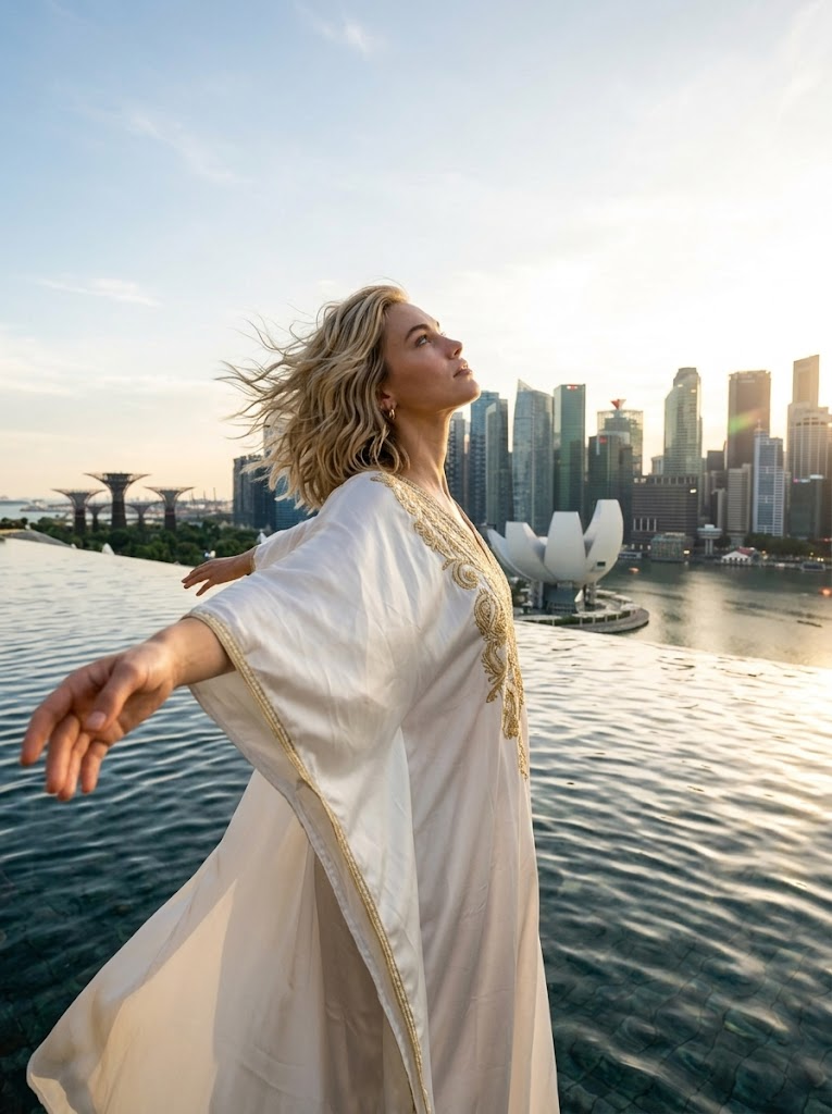 Kvinnlig silhuett vid Marina Bay Sands oändlighetspool – Gyllene timmen, vindpinat hår och flytande vit kaftan