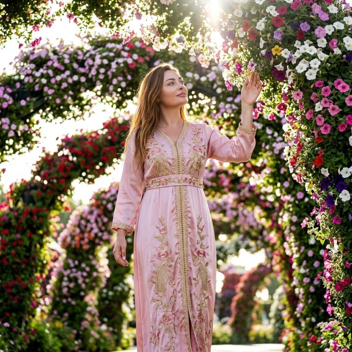 Kävely kukkivien kaarten läpi Dubain Miracle Gardenissa – Pastellinvärinen silkki-maksimekko