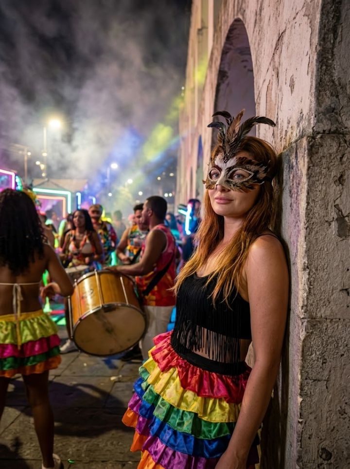 Lapa Kemeri Altında Gece Karnavalı: Tüy Maskeli Dansçı, Neon Işıklar ve Davul Ritmi Ultra Gerçekç...