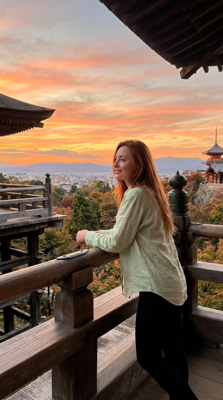 Leaning pose on the wooden terrace of Kiyomizu-dera, panoramic view of Kyoto, sunset colors the sky orange, distant mountains, details of the balustrade, calm evening, high-quality ultra-realistic photo Kyoto Zen., in a light-green linen shirt with long sleeves and black narrow leggings