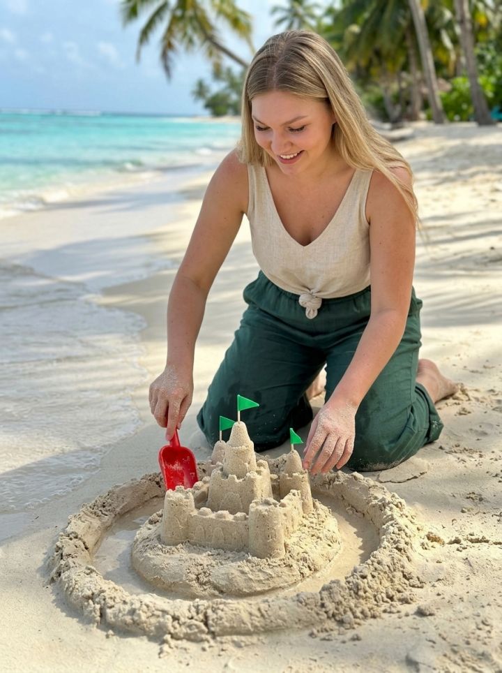 Lekfull närbild: Gräver grav runt intrikat sandslott på tropisk strand