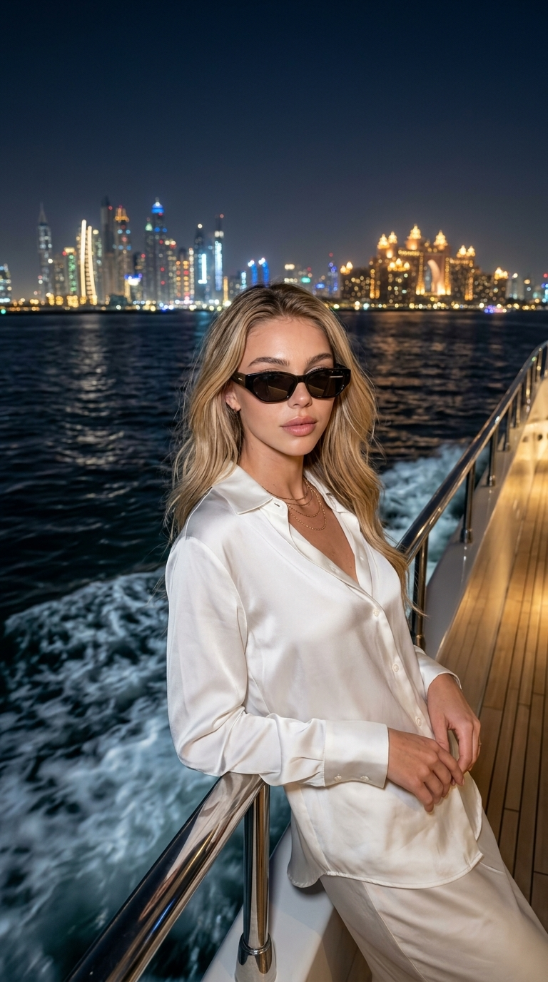 Luksusjahdti Persianinlahdella yöllä | Palm Jumeirah