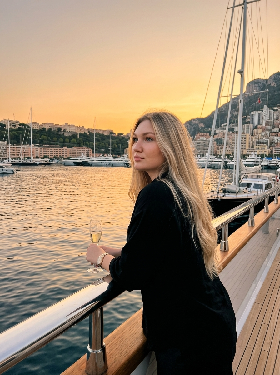 Lässig an der Reling auf Superyacht-Deck im Hafen von Monaco bei Sonnenuntergang – Ultra-Realistische Fotografie