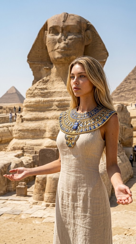 Majestätische Pose neben der Großen Sphinx – Ultra-Realistisches Ägypten-Foto