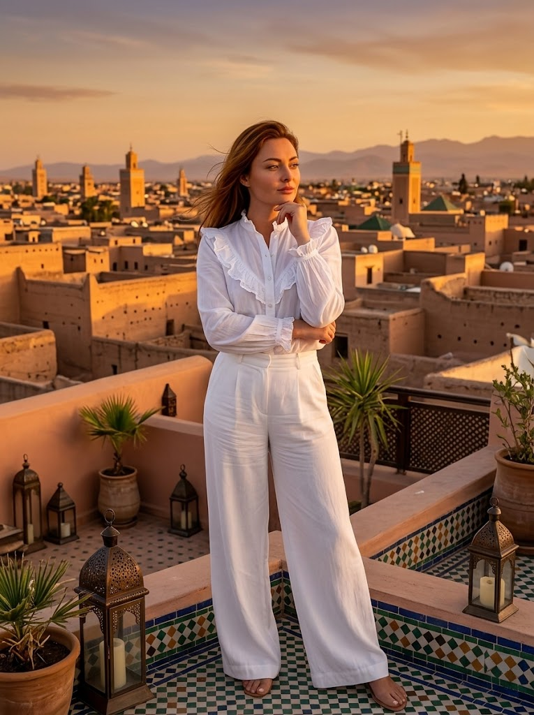 Marrakech Sunset Panorama: Thoughtful Woman on Riad Roof Terrace in Ruffled Blouse & Palazzo Pants, Ultra Photorealistic