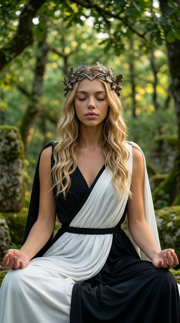 Meditasi Tenang Mata Tertutup dengan Daun Oak di Rambut, Latar Hutan Olympus Cahaya Hijau-Emas, U...