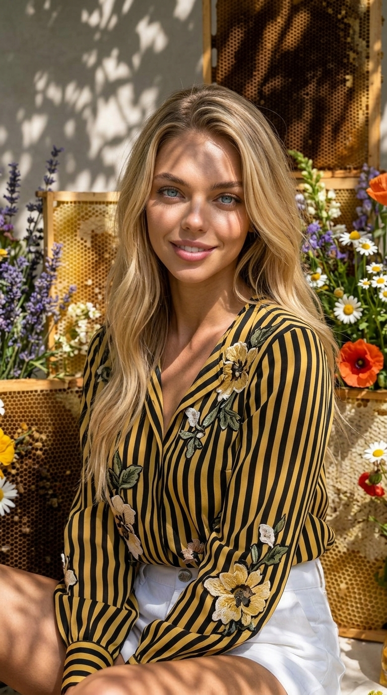 Medium shot, face in three-quarters view, light smile, eyes directed at the camera, background with honeycombs and wildflowers, soft diffused daylight, dramatic shadows from leaves, realistic textures, ultra photorealism!!, in a black-and-yellow striped blouse with floral appliqués and white shorts