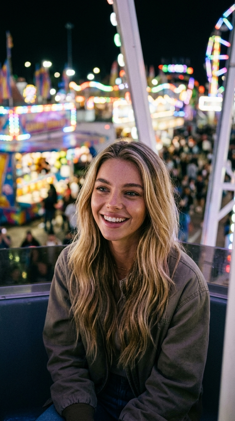 Mirada Cándida a Noria en Feria Nocturna
