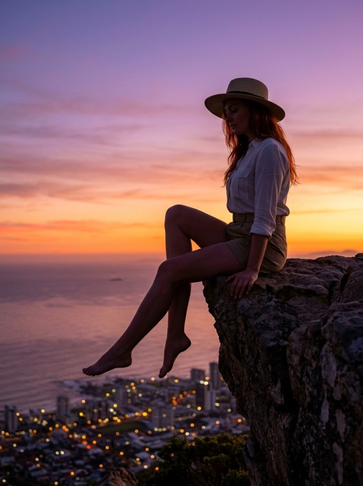Mujer Contemplativa en Signal Hill al Atardecer | Ciudad del Cabo Ultra Realista