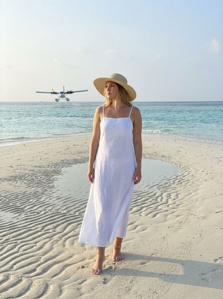 Mujer Contemplativa en Vestido Maxi Blanco Lino en Atolón Privado Maldivas - Realismo Fotográfico...
