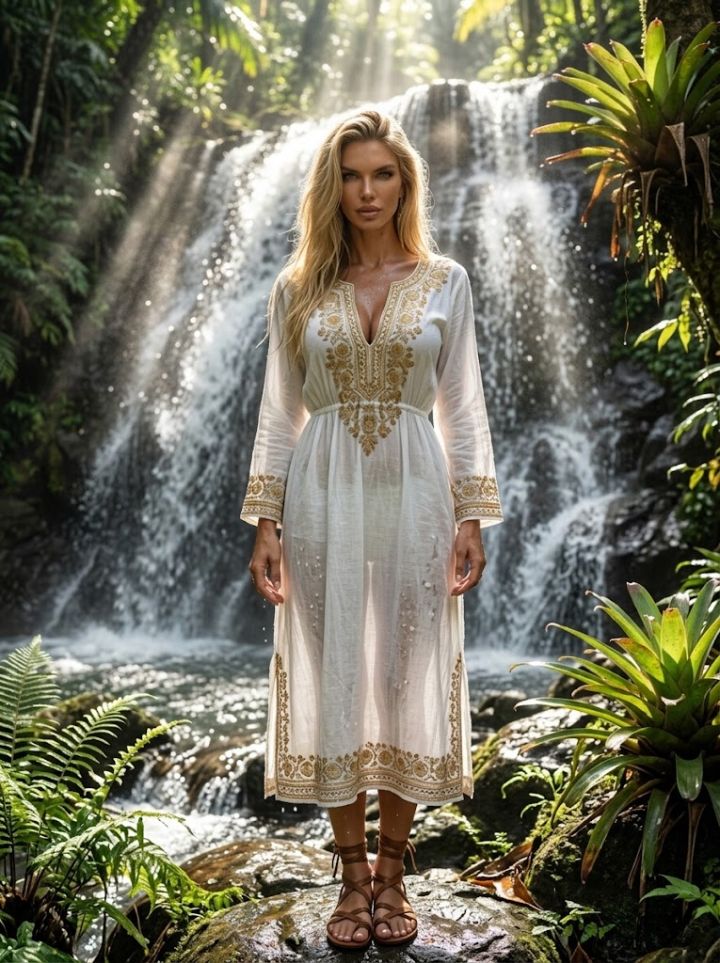 Mujer en Caftán Blanco ante Cascada Tropical