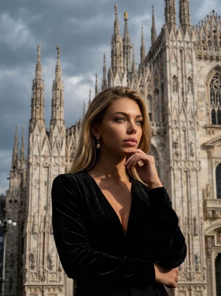 Mujer Pensativa Frente al Duomo de Milán | Retrato Fotorealista Dramático