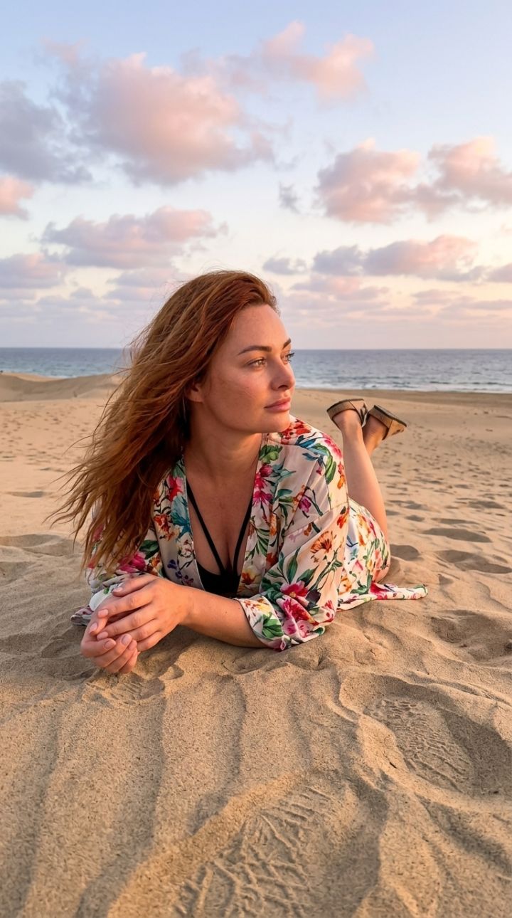 Mujer Sensual en Dunas de Arena al Atardecer: Túnica Floral sobre Bañador Slingshot
