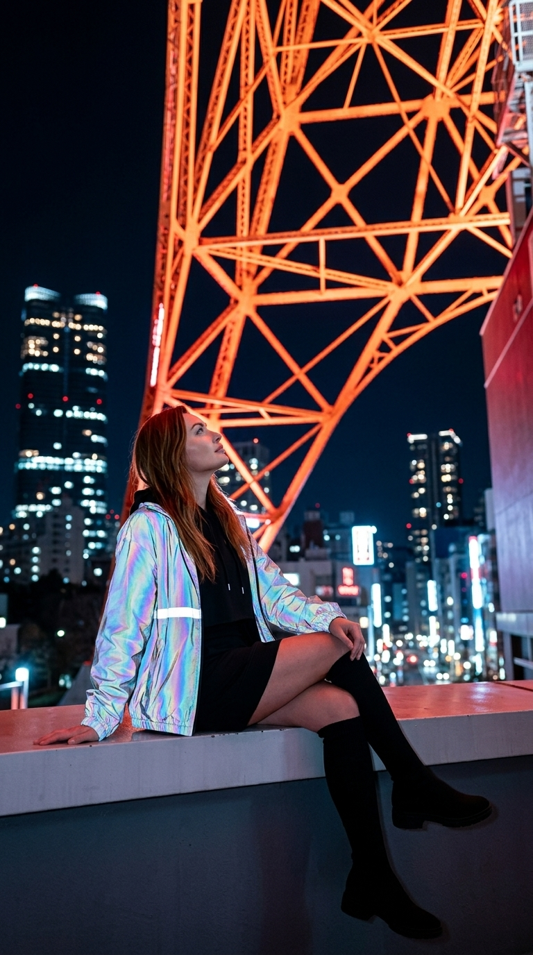 Mulher Contemplativa na Plataforma Noturna da Tokyo Tower com Look Holográfico Estiloso