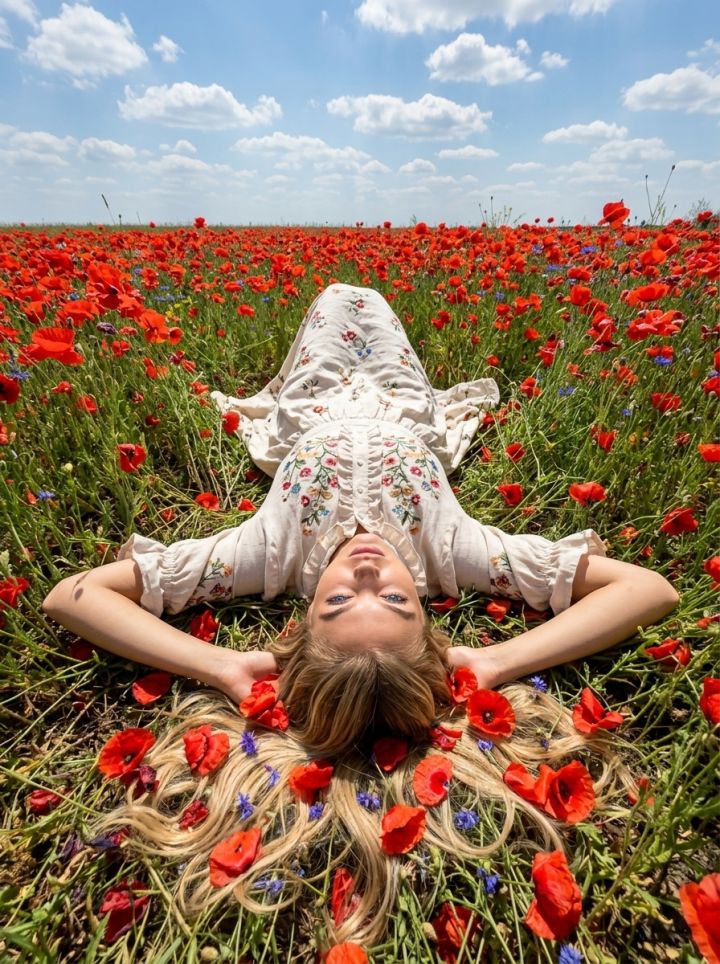 Mulher Deitada em Campo de Papoulas: Vestido de Linho Floral, Vista Aérea Ultra Realista